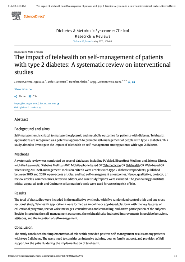 (PDF) The impact of telehealth on self-management of patients with type ...