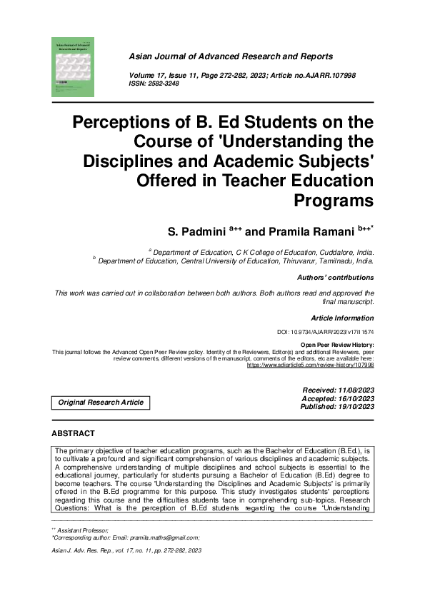 (PDF) Perceptions of B. Ed Students on the Course of 'Understanding the ...