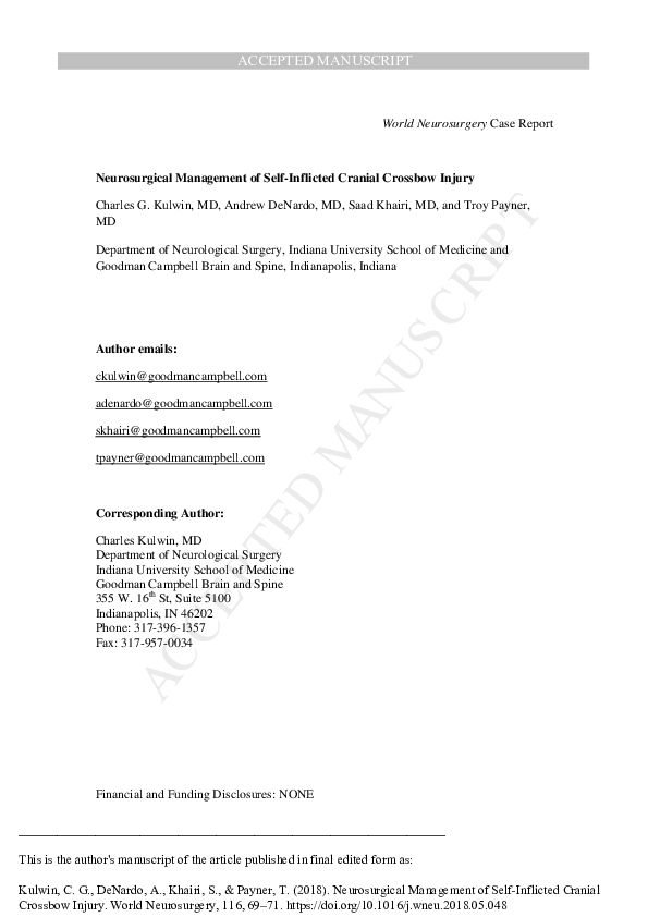 Neurosurgical Management of Self-Inflicted Cranial Crossbow Injury