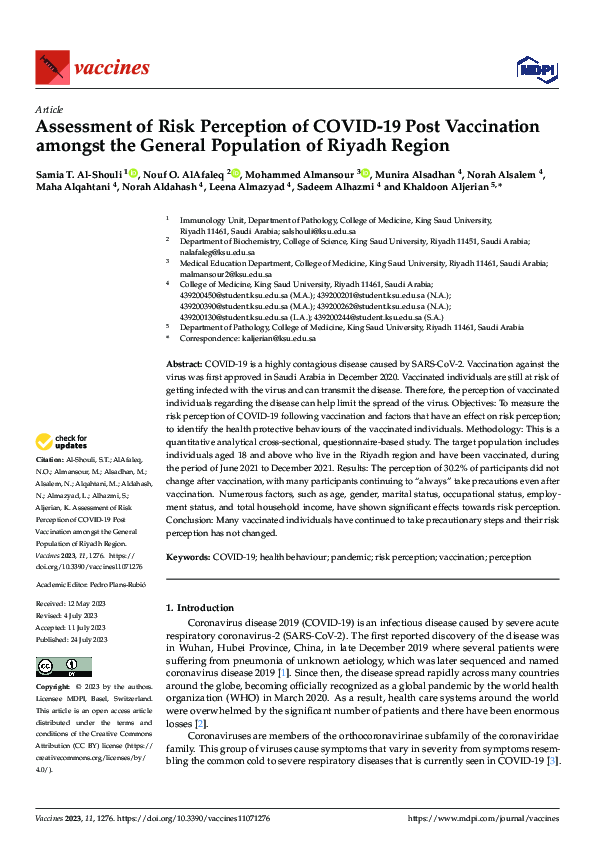 (PDF) Assessment of Risk Perception of COVID-19 Post Vaccination ...