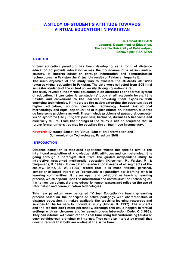 (PDF) A Study Of Student’s Attitude Towards Virtual Education In Pakistan
