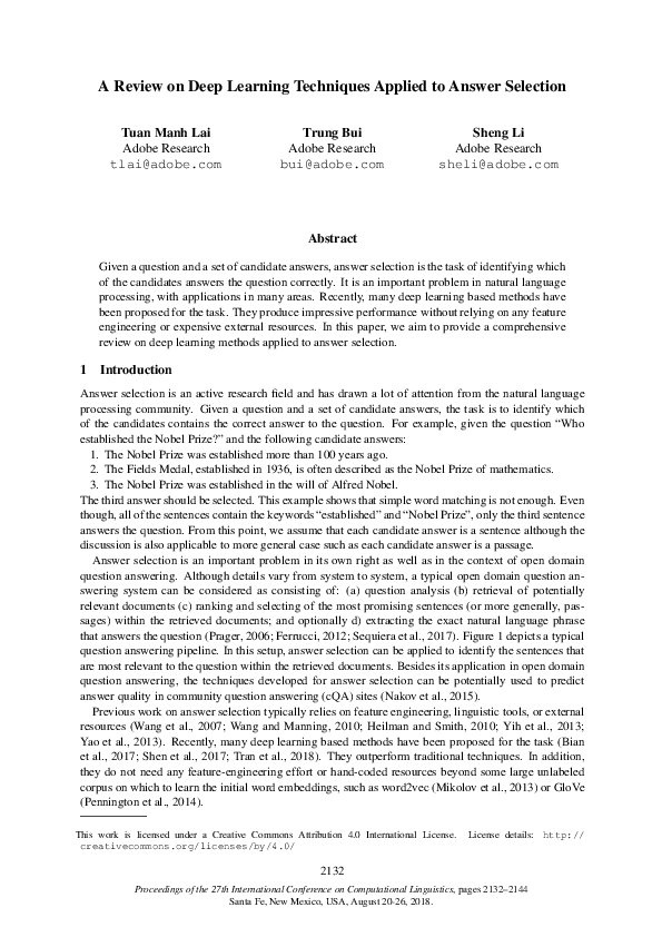(PDF) A Review on Deep Learning Techniques Applied to Answer Selection