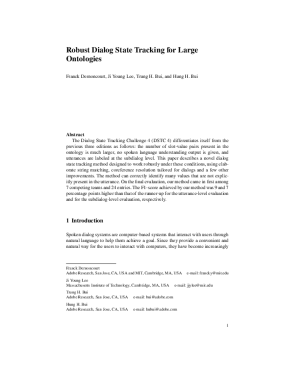 (PDF) Robust Dialog State Tracking for Large Ontologies