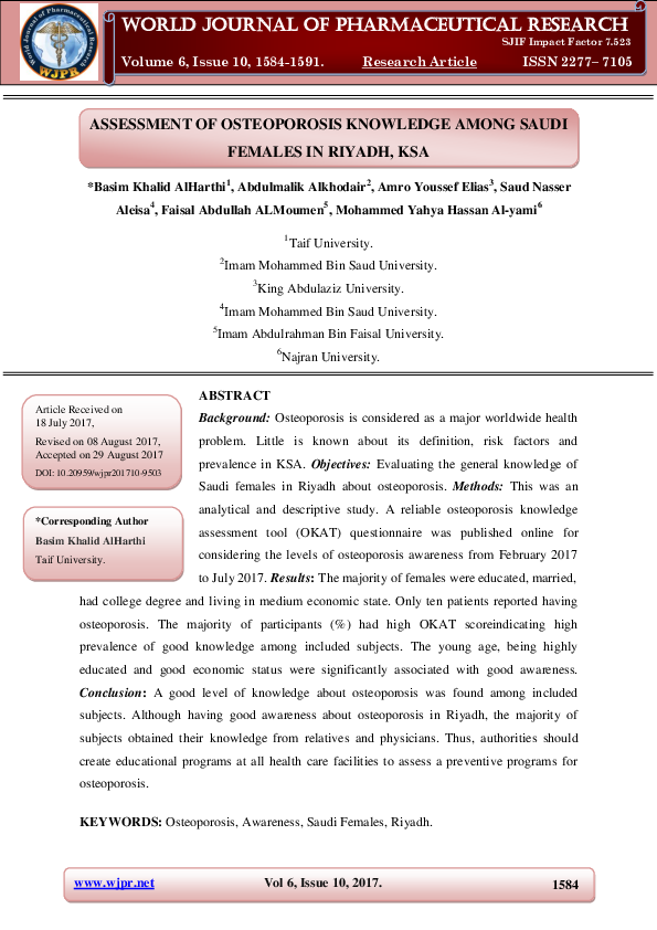 (PDF) Assessment of Osteoporosis Knowledge Among Saudi Females in ...
