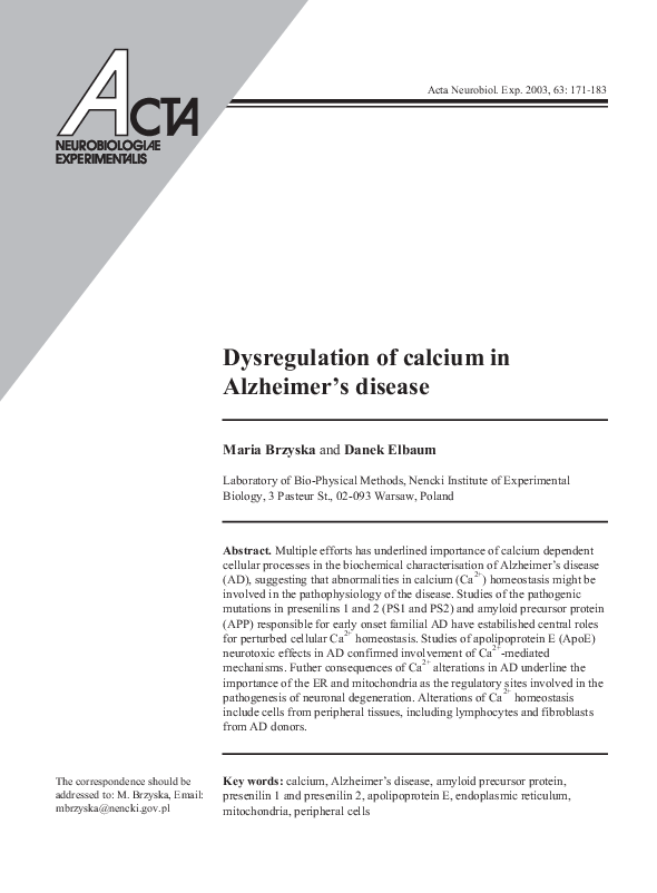 (PDF) Dysregulation of calcium in Alzheimer's disease