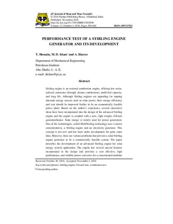 (PDF) Performance Test of a Stirling Engine Generator and Its Development