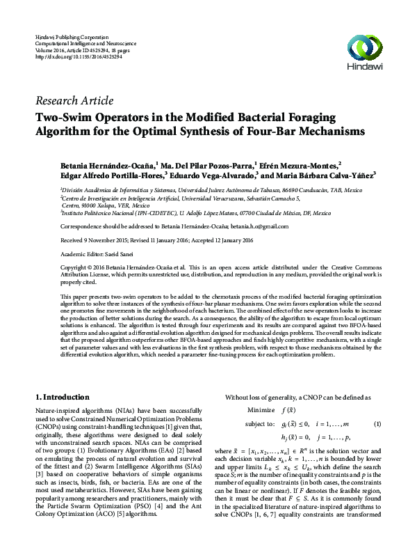 (PDF) Two-Swim Operators in the Modified Bacterial Foraging Algorithm ...