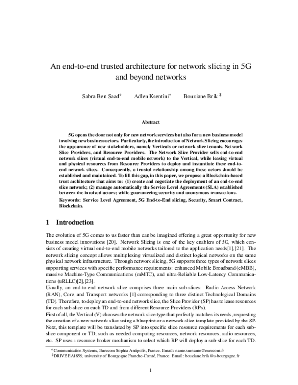 (PDF) An end‐to‐end trusted architecture for network slicing in 5G and ...