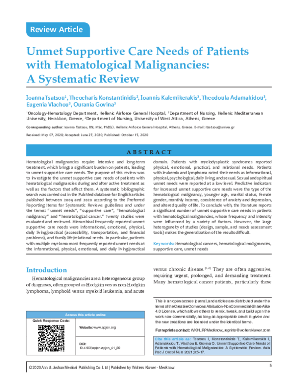 (PDF) Unmet Supportive Care Needs of Patients with Hematological ...