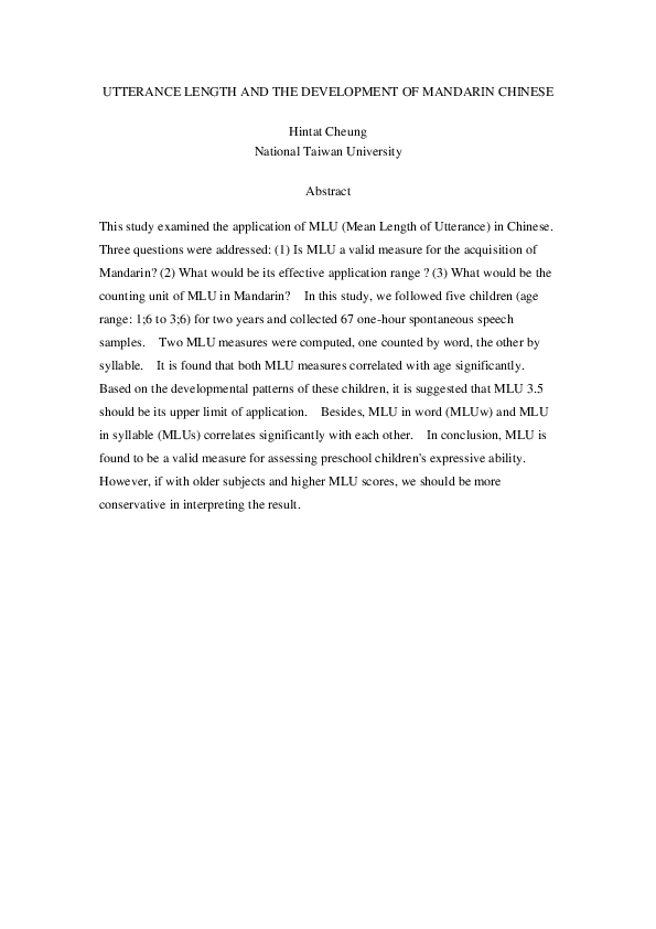 (PDF) Utterance length and the development of mandarin chinese