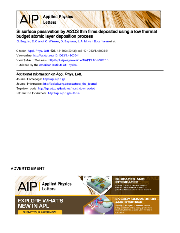 (PDF) Si surface passivation by Al 2 O 3 thin films deposited using a ...