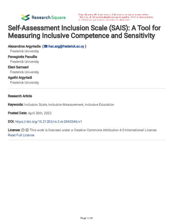 (PDF) Self-Assessment Inclusion Scale (SAIS): A Tool for Measuring ...