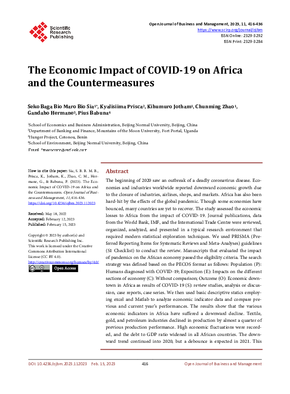 (PDF) The Economic Impact of COVID-19 on Africa and the Countermeasures ...