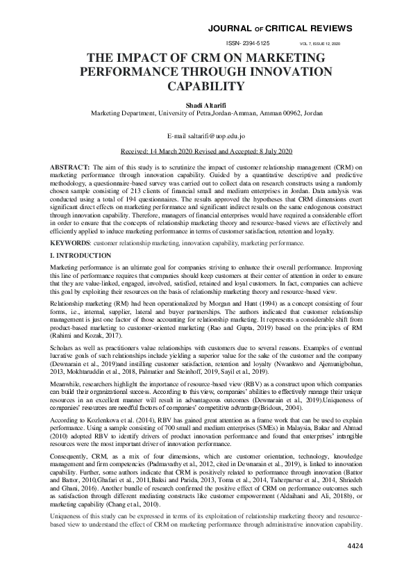 (PDF) The Impact of CRM on Marketing Performance Through Innovation ...