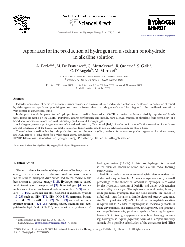 (PDF) Apparatus for the production of hydrogen from sodium borohydride ...