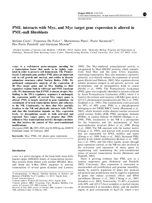 (PDF) PML interacts with Myc, and Myc target gene expression is altered ...