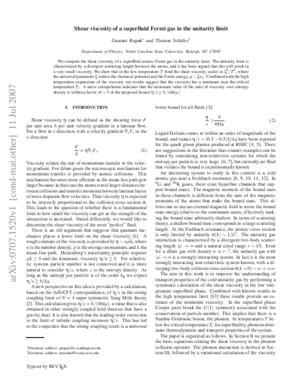 (PDF) Shear viscosity of a superfluid Fermi gas in the unitarity limit