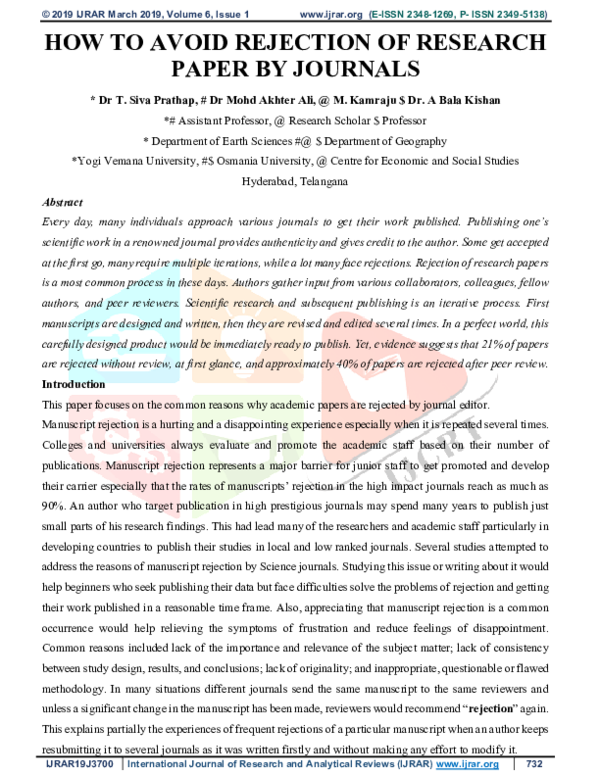 (PDF) HOW TO AVOID REJECTION OF RESEARCH PAPER BY JOURNALS