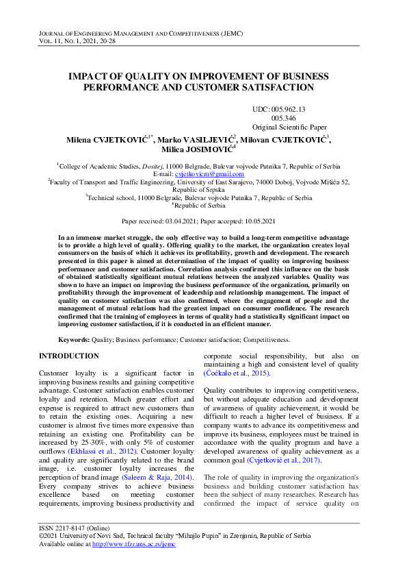 (PDF) Impact of quality on improvement of business performance and ...