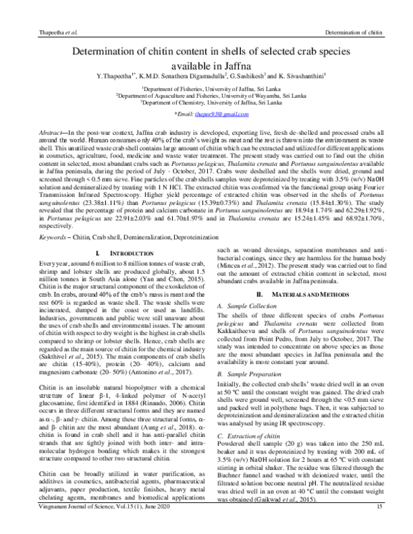 Determination of chitin content in shells of selected crab species available in Jaffna