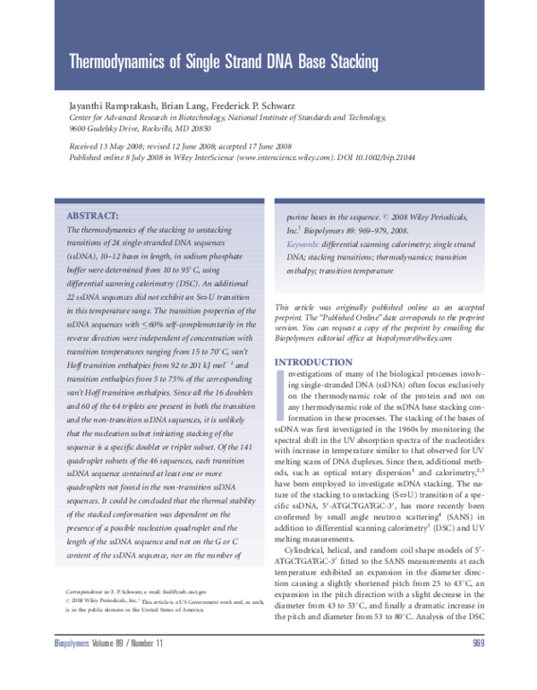 (PDF) Thermodynamics of single strand DNA base stacking