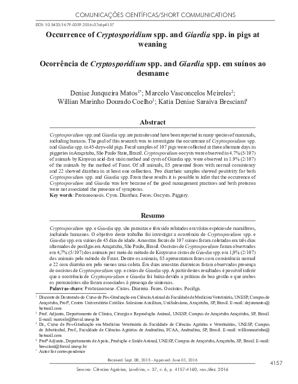 (PDF) Occurrence of Cryptosporidium spp. and Giardia spp. in pigs at ...