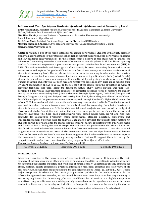 (PDF) Influence of Test Anxiety on Students’ Academic Achievement at ...