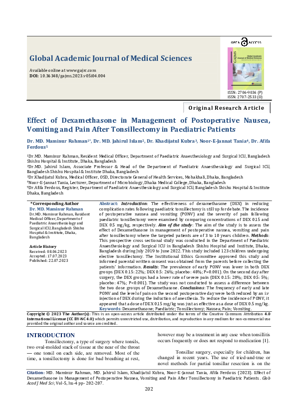 (PDF) Effect of Dexamethasone in Management of Postoperative Nausea ...