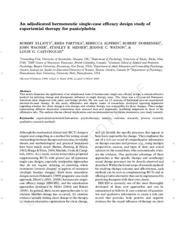 An adjudicated hermeneutic single-case efficacy design study of experiential therapy for panic/phobia