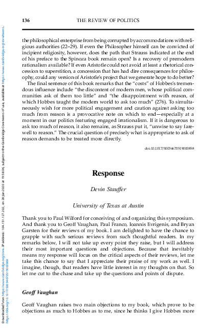 (PDF) Response - Devin Stauffer: Hobbes's Kingdom of Light: A Study of ...