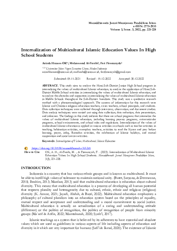 (PDF) Internalization of Multicultural Islamic Education Values In High ...