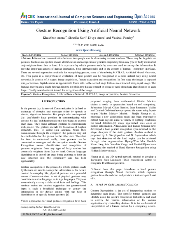 (PDF) Gesture Recognition Using Artificial Neural Network