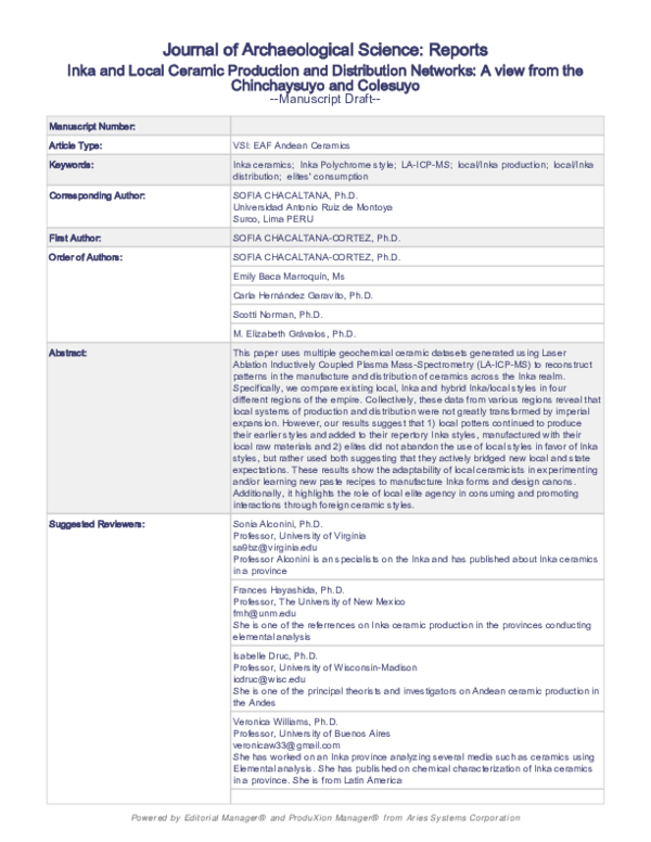Inka and Local ceramic production and distribution networks: A view from the Chinchaysuyo and Colesuyo