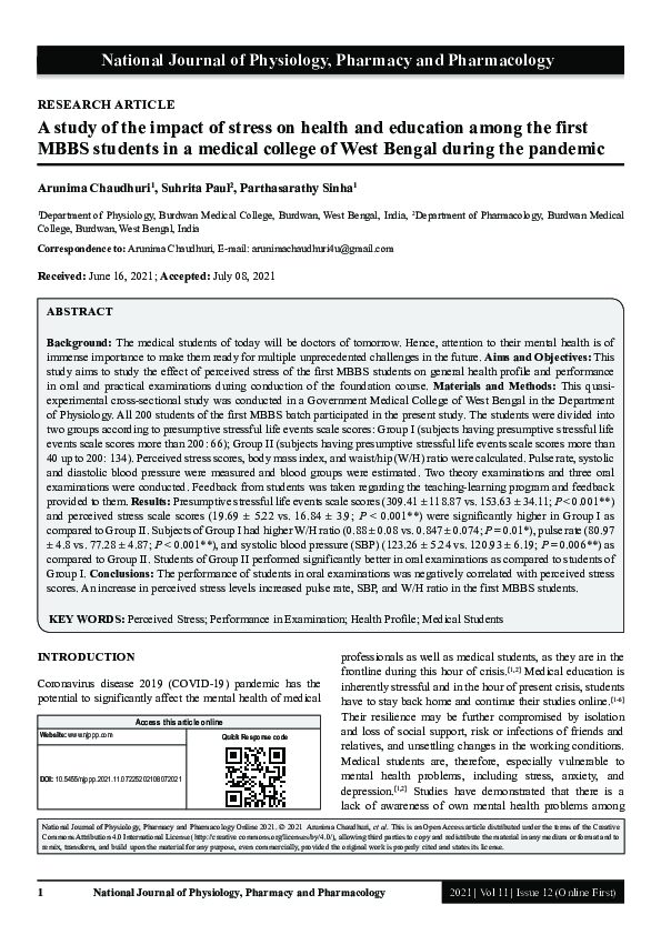 (PDF) A study of the impact of stress on health and education among the ...