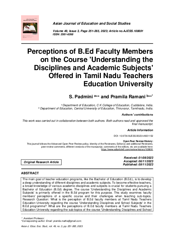 (PDF) Perceptions of B.Ed Faculty Members on the Course 'Understanding ...