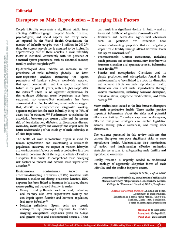 (PDF) Disruptors on male reproduction emerging risk.