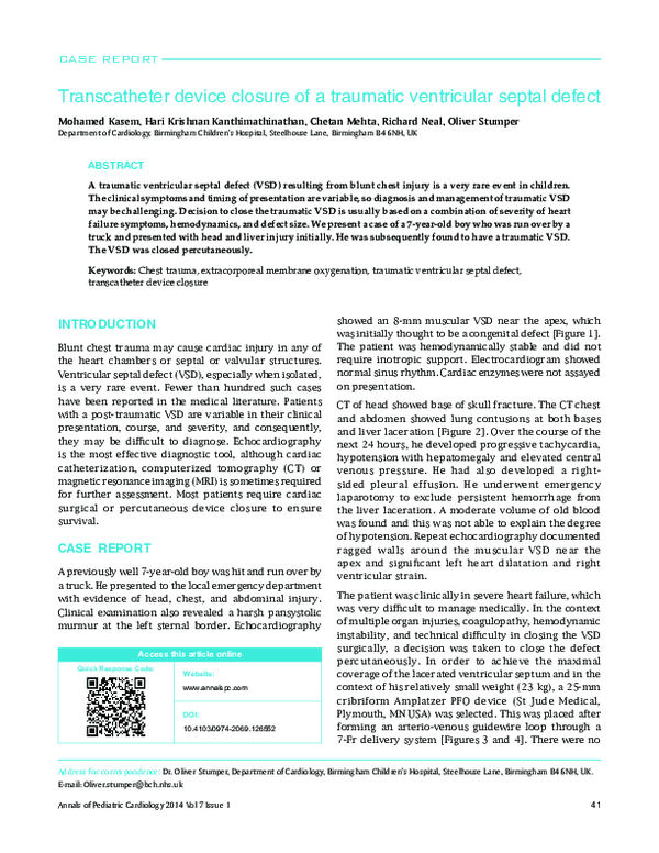 (PDF) Transcatheter device closure of a traumatic ventricular septal defect