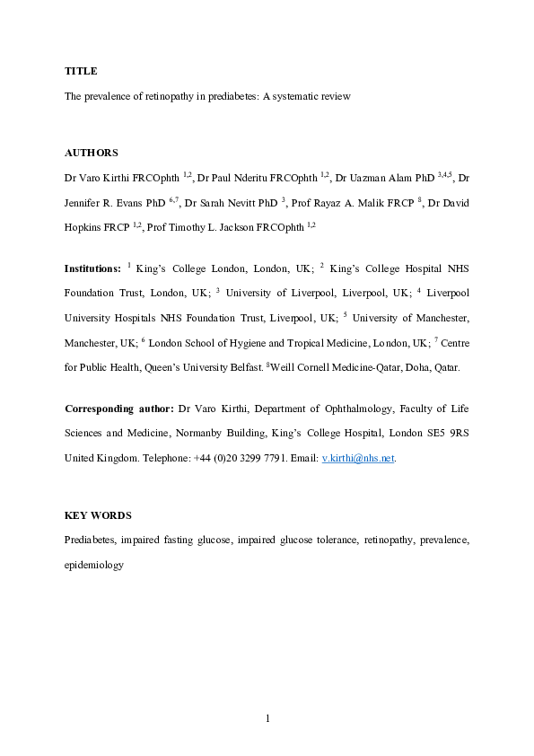 (PDF) The prevalence of retinopathy in prediabetes: A systematic review
