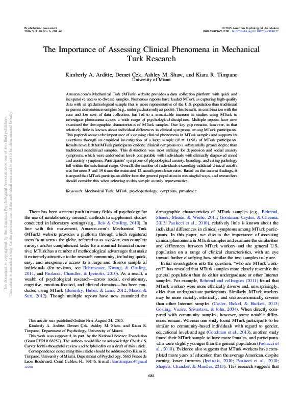 (PDF) The importance of assessing clinical phenomena in Mechanical Turk