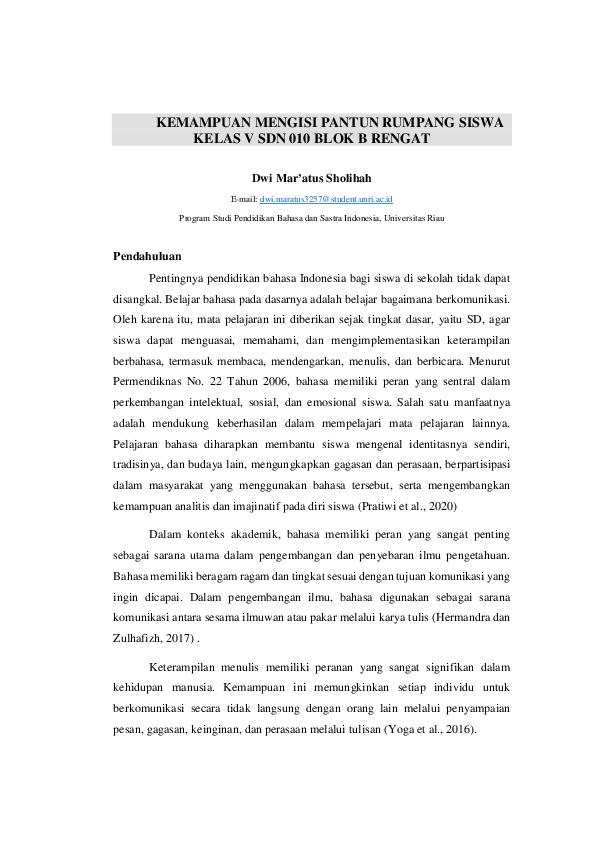 (PDF) Kemampuan Mengisi Pantun Rumpang Siswa Kelas V SDN 010 Blok B Rengat