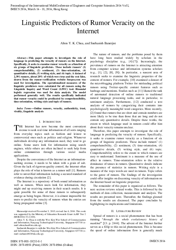 (PDF) Linguistic Predictors of Rumor Veracity on the Internet