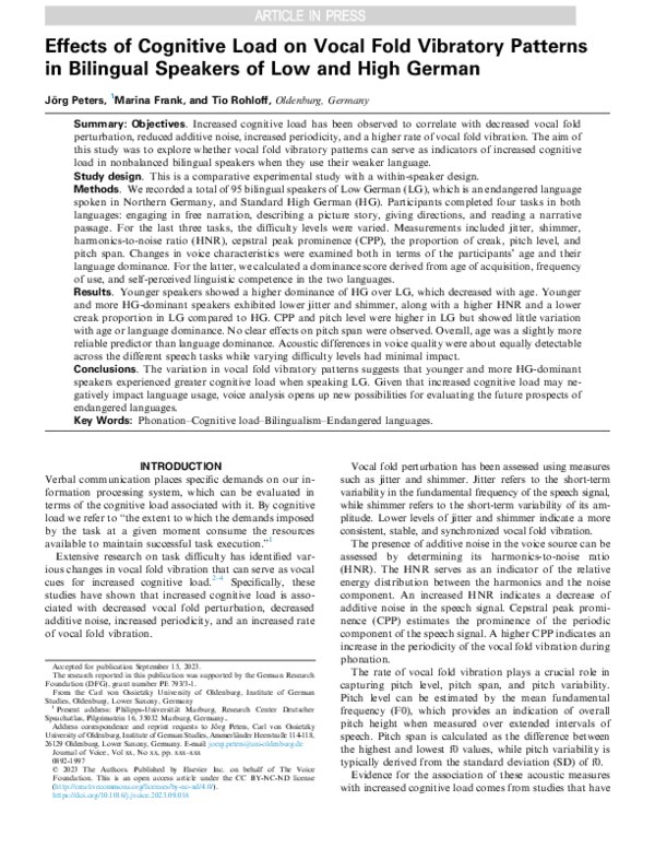 (PDF) Effects of Cognitive Load on Vocal Fold Vibratory Patterns in ...