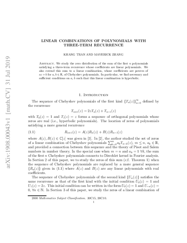 (PDF) Linear combinations of polynomials with three-term recurrence