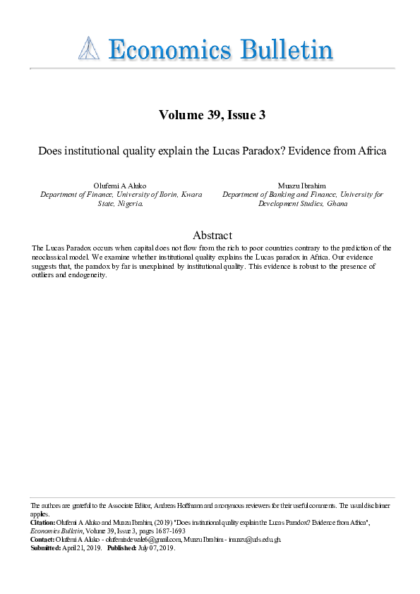 (PDF) Does institutional quality explain the Lucas Paradox? Evidence ...