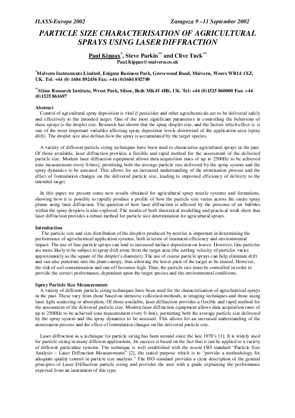 (PDF) Particle size characterisation of agricultural sprays using laser ...