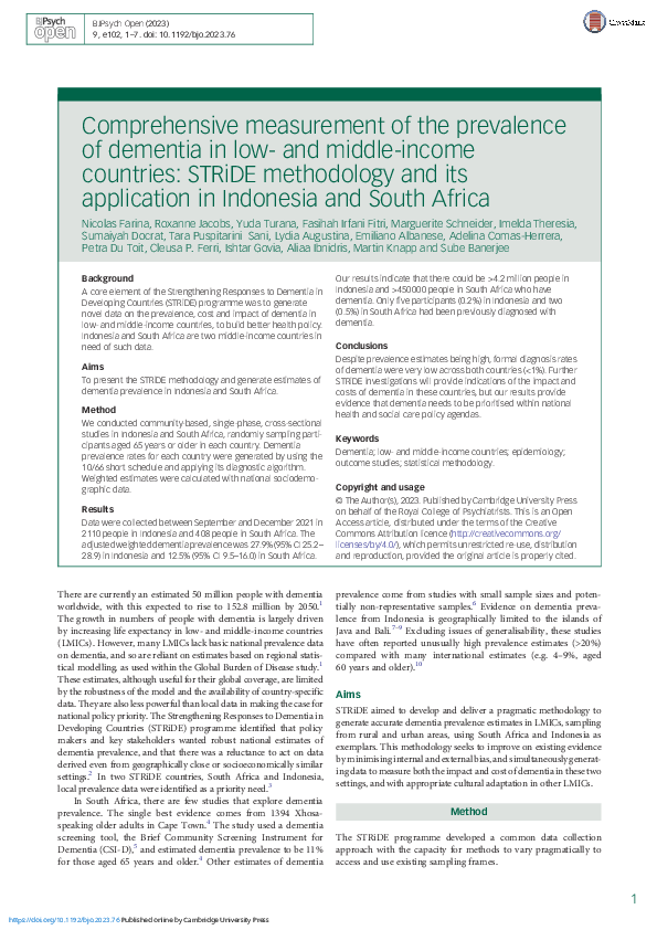 pdf comprehensive measurement of the prevalence of dementia in low