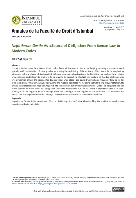 (PDF) Negotiorum Gestio As a Source of Obligation: From Roman Law to ...