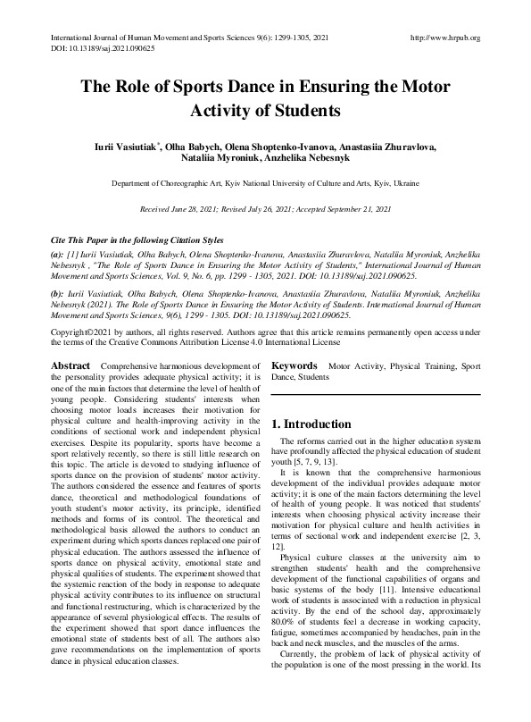 (PDF) The Role of Sports Dance in Ensuring the Motor Activity of Students