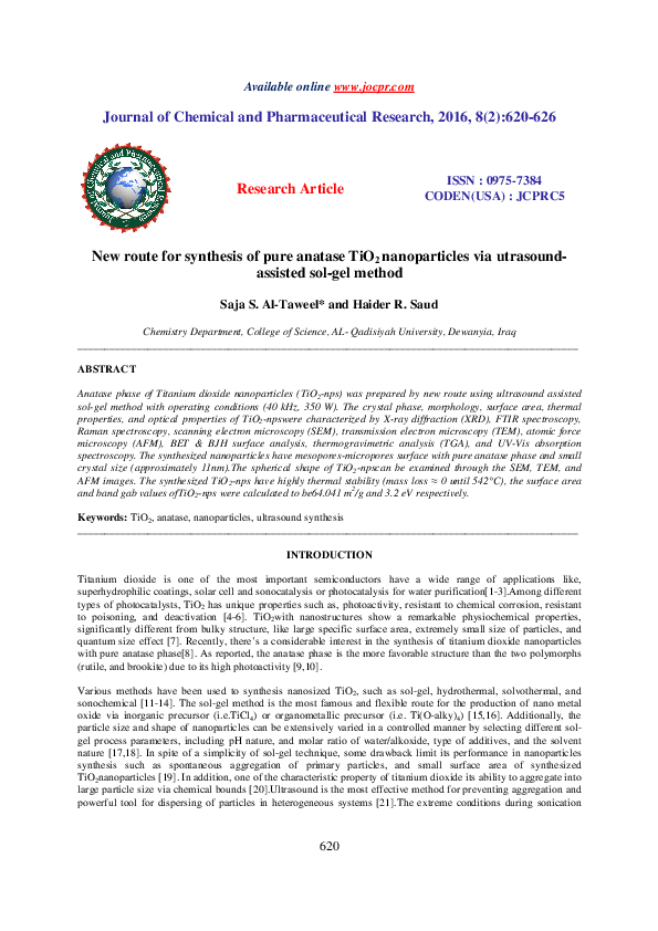 (PDF) New route for synthesis of pure anatase TiO2 nanoparticles via ...
