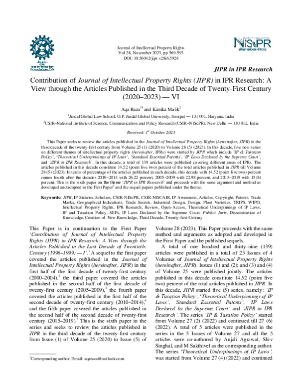 (PDF) Contribution of Journal of Intellectual Property Rights (JIPR) in ...